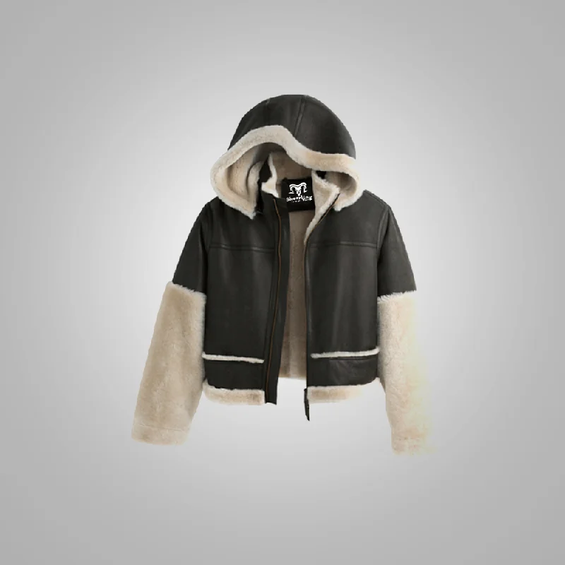 New Black Women Aviator Bomber Leather Jacket With Fur Aviator-Style Bomber