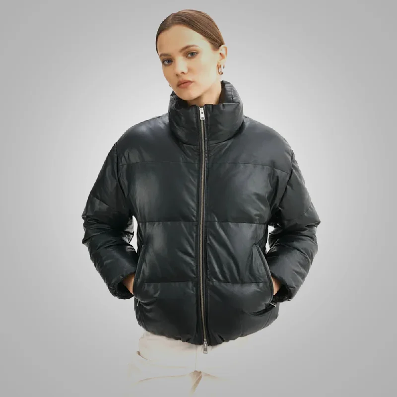 New Black Women Bubble Sheepskin Puffer V-Bomber Leather Jacket Leather Panel Bomber