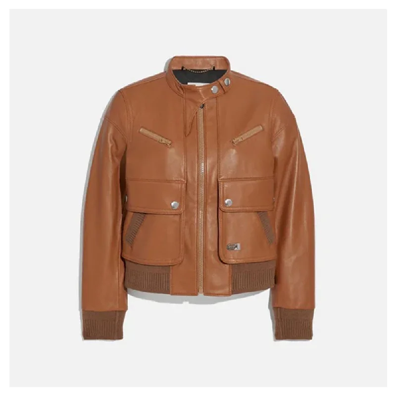 New Brown Lambskin Shearling Bomber Biker Leather Jacket For Women Turtleneck Collar Bomber