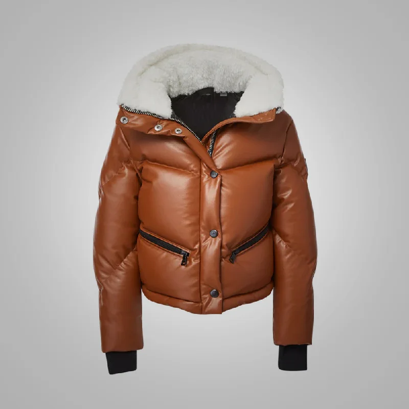 New Brown Women Puffer Bubble Fur Collar Lambskin V-Bomber Leather Jacket Textured Velvet Bomber