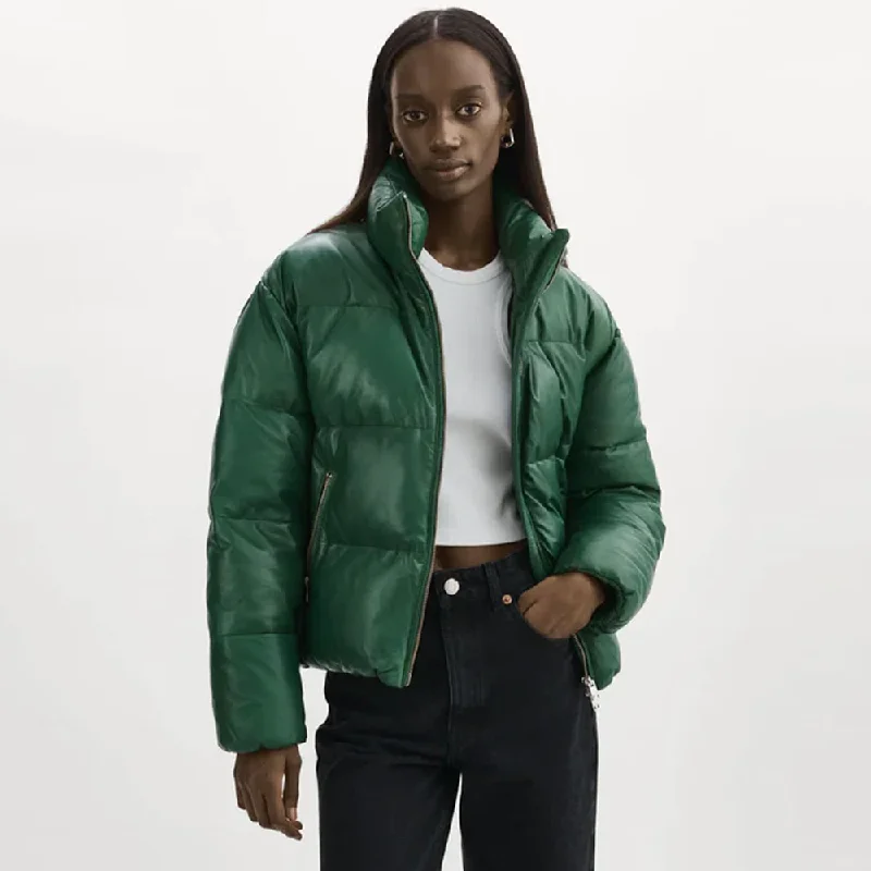 New Lambskin Green Women Bubble Puffer V-Bomber Leather Jacket Sleek Satin Bomber