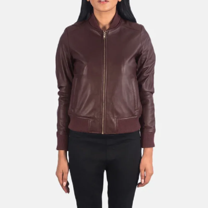 New Lambskin Maroon A1 Bomber Leather Jacket For Women Boxy Oversized Bomber