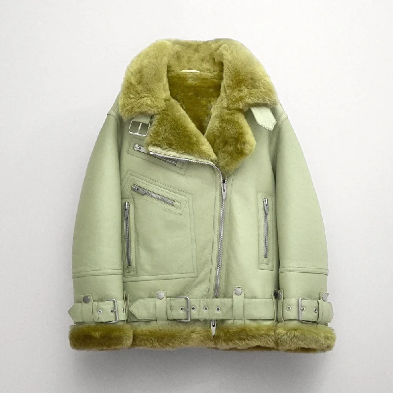 New Light Green Shearling Aviator Styled Sheepskin Leather Jacket For Women Zip-Up Track Bomber