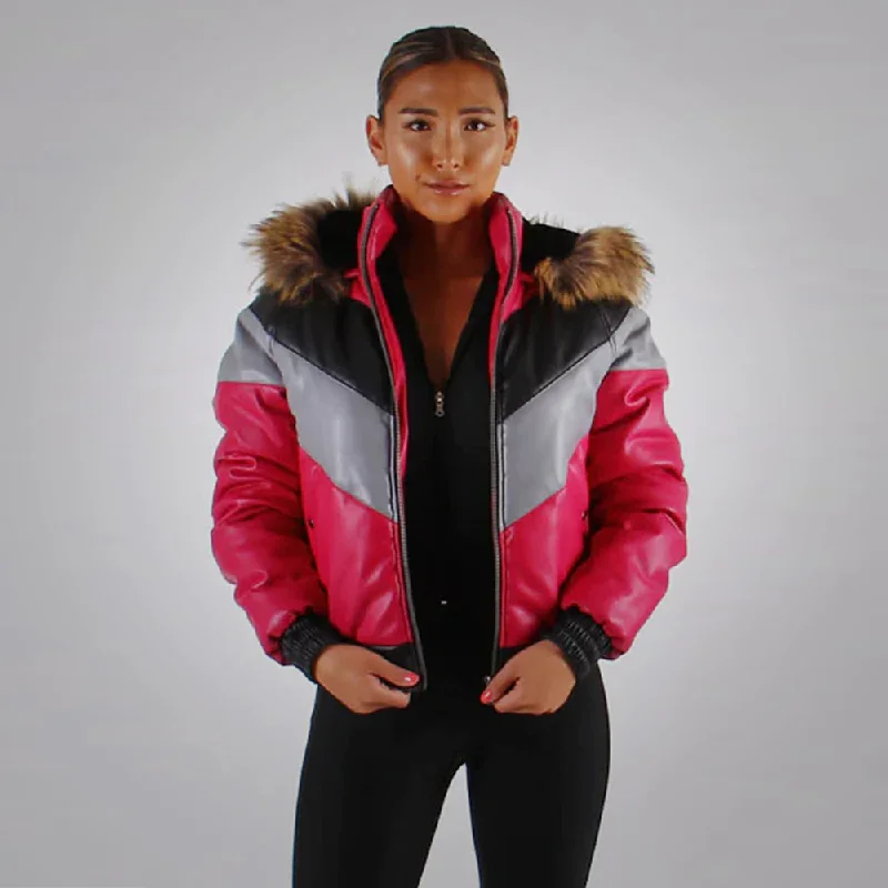 New Multi Colour Women Bubble Leather V-Bomber Faux Fur Hood Jacket Retro 90s Bomber