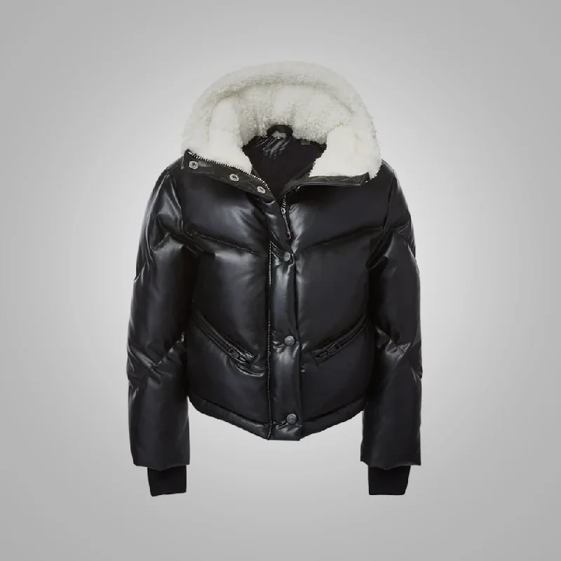 New Puffer Bubble Fur Collar Sheepskin V-Bomber Leather Jacket For Women Relaxed Varsity Bomber