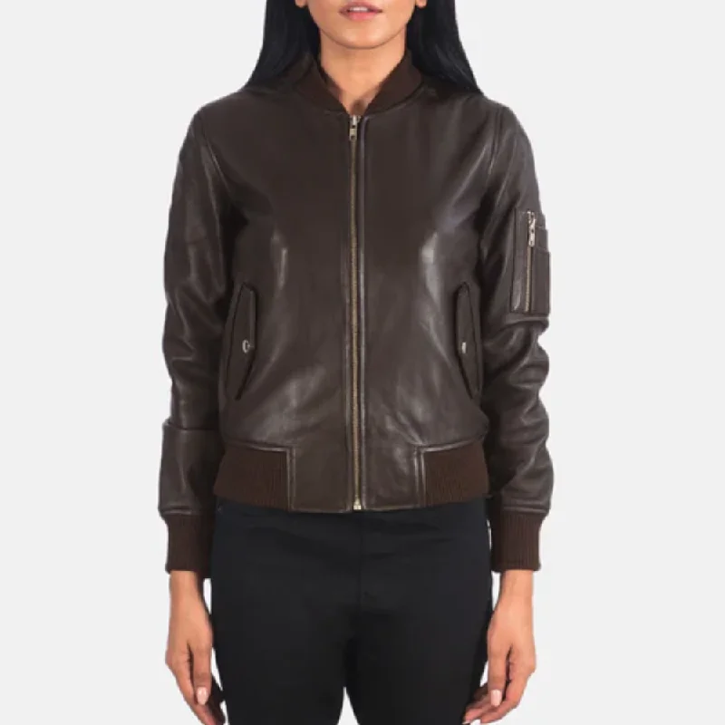 New Sheepskin Brown A1 Bomber Leather Jacket For Women Fleece Lined Bomber