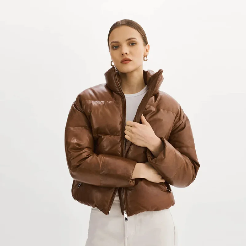 New Sheepskin Brown Women Bubble Leather V-Bomber Puffer Jacket Lightweight Loungewear Bomber