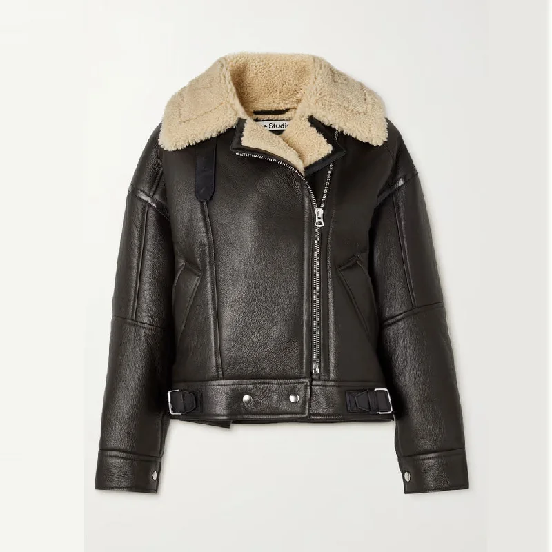 New Women B3 Black Sheepskin Aviator Cowhide Shearling Leather Jacket Reversible Satin Bomber