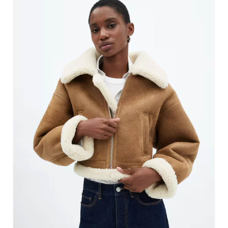 New Women B3 Bomber brown sheepskin Leather Jacket Casual Workwear Bomber