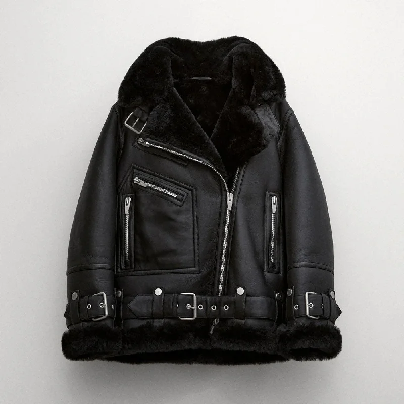 New Women Black B3 Aviator Styled  Shearling Leather Jacket Urban Utility Bomber