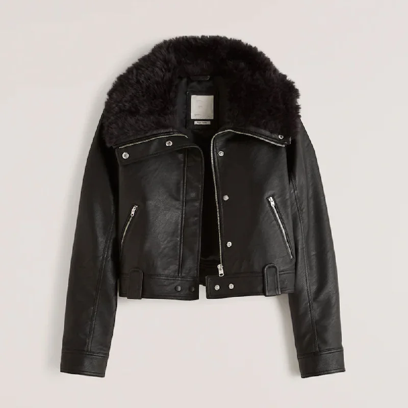 New Women Black Sheepskin Shearling Aviator  Leather Jacket Luxe Faux Suede Bomber