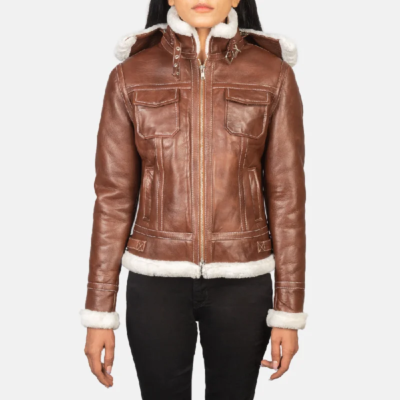 New Women Fiona Brown Hooded Shearling Leather Jacket Functional Travel Bomber