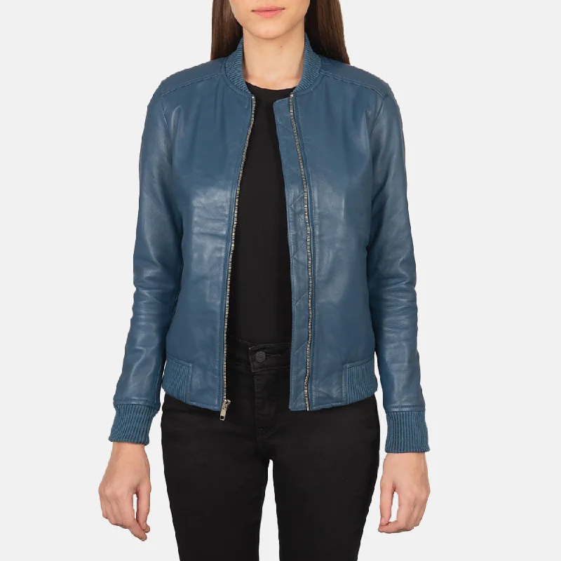 New Women A1 Flight Bliss Blue Leather Bomber Jacket Puffy Quilted Bomber