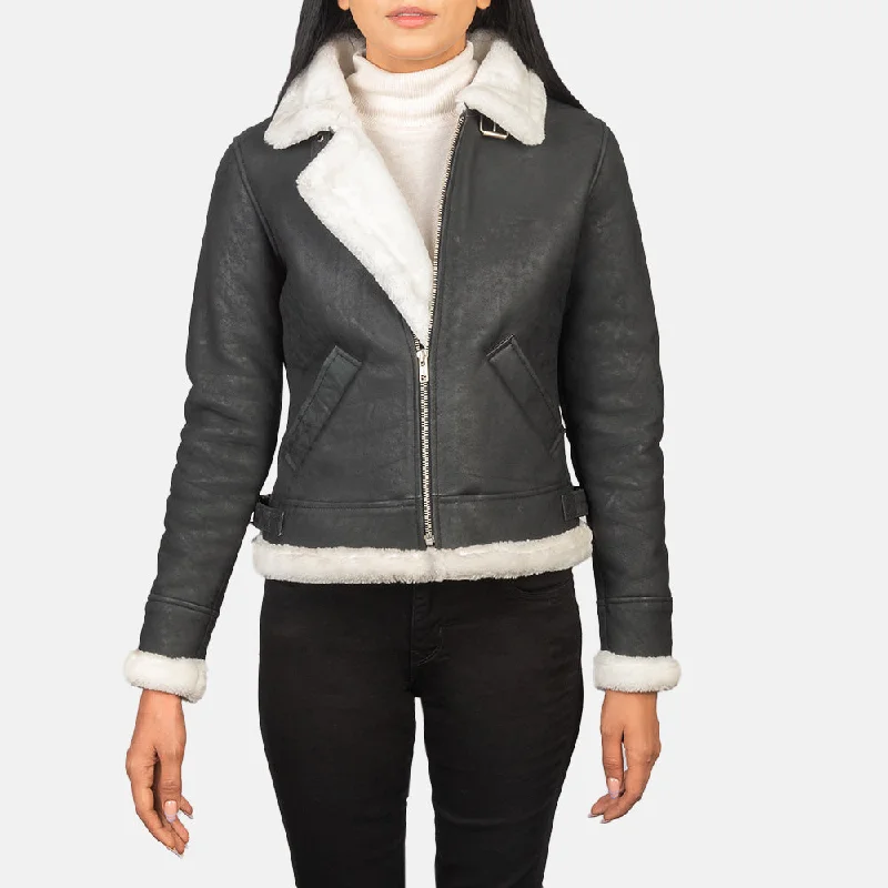 New Women Flight Shearling  B-3 Black & White Leather Bomber Jacket Distressed Vintage Bomber