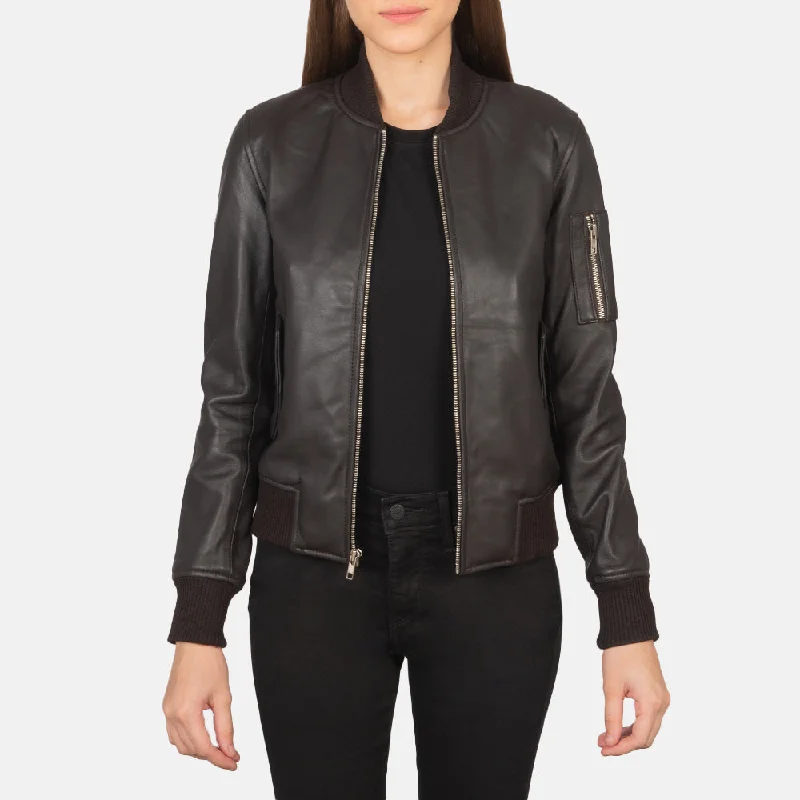 New Women Flight Shearling  Brown A1 Leather Bomber Jacket Metallic Silver Bomber