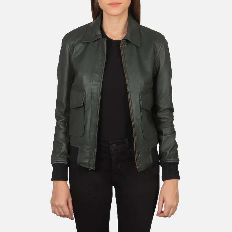 New Women Flight Westa A-2 Green Leather Bomber Jacket Minimalist Black Bomber