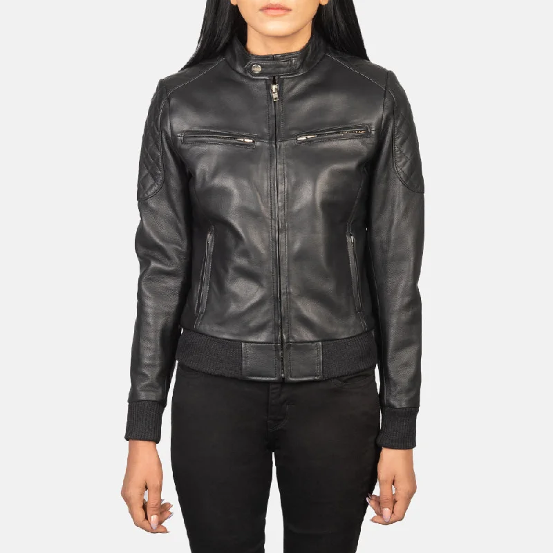 New Women Flight Zenna Black Leather Bomber Jacket Premium Tailored Bomber