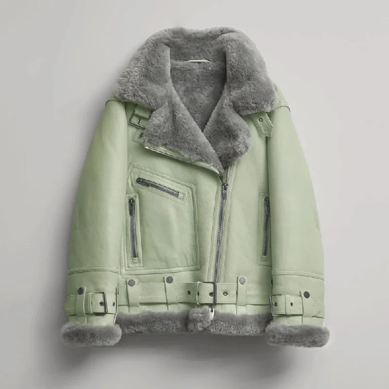 New Women Lambskin Shearling Green RAF Aviator Styled  Leather Jacket Fluffy Teddy Bomber