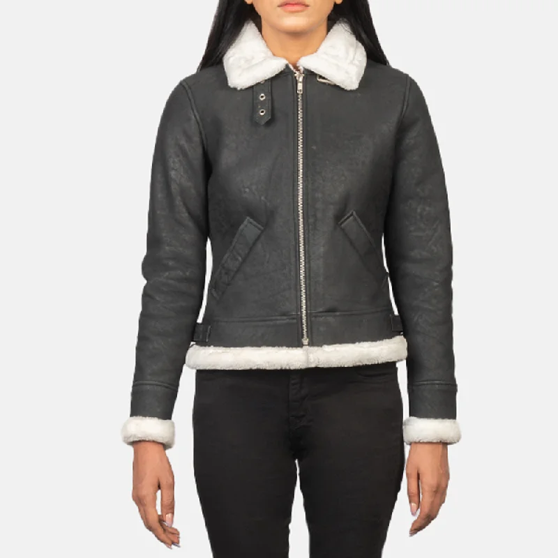 New Women Sheepskin Black & White Leather Bomber Jacket Patchwork Trendy Bomber