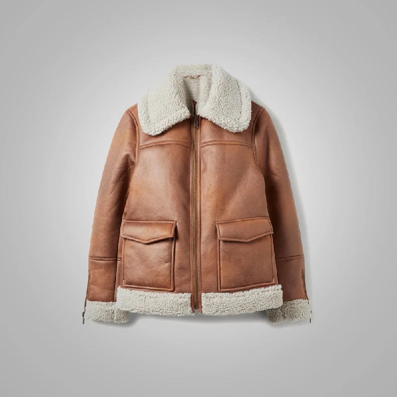 New Women Sheepskin Brown Aviator Leather Jacket Chic Leather Bomber