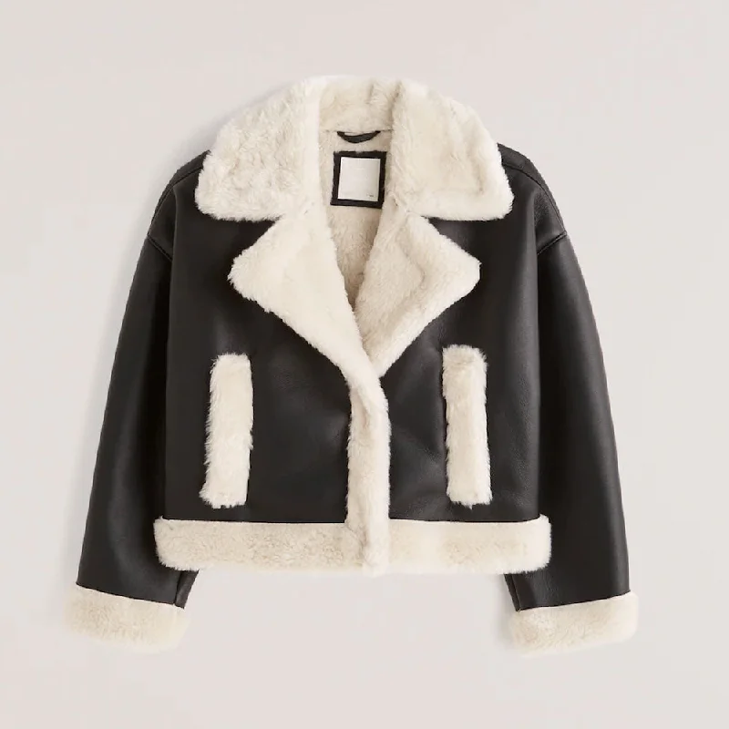 New Women Sheepskin Shearling Aviator Riding Leather Jacket Retro Baseball Bomber