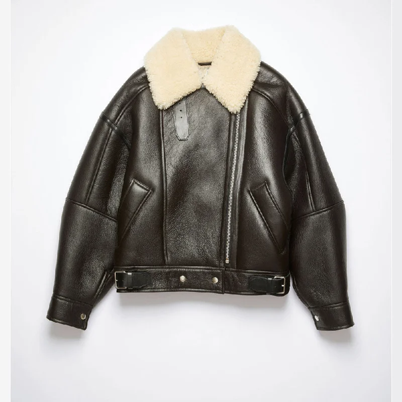 New Women  Sheepskin Shearling Dark Brown RAF Aviator Leather Jacket Classic Navy Bomber