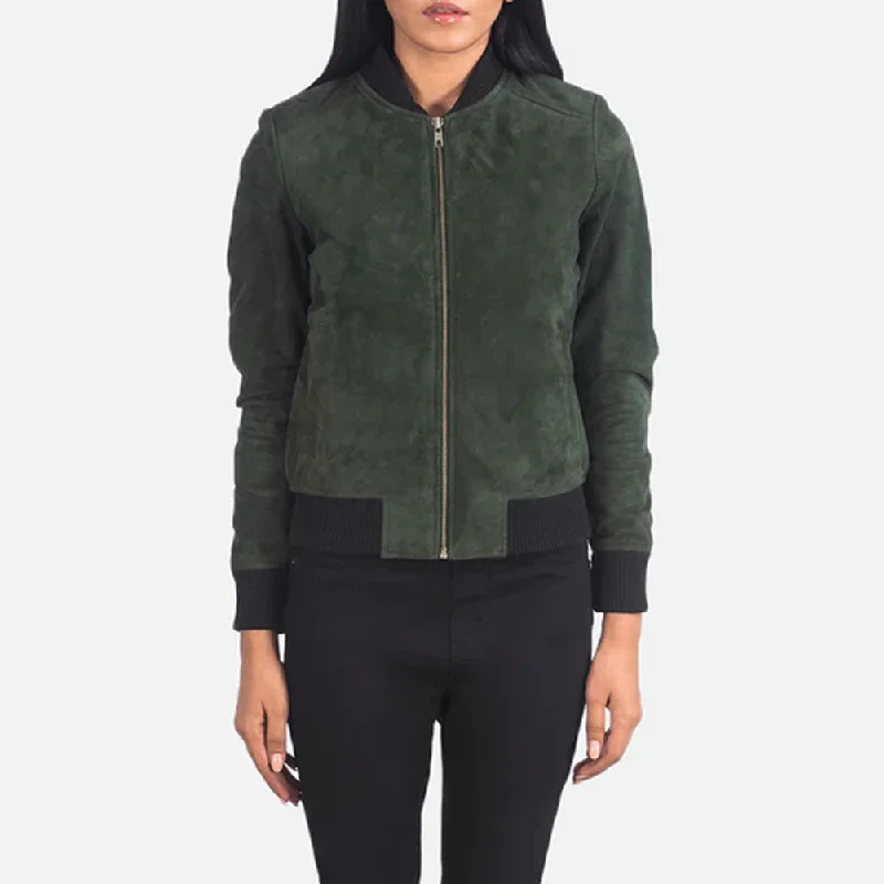 New Women Westa A-2 Green Leather Bomber Jacket Shimmer Sequin Bomber