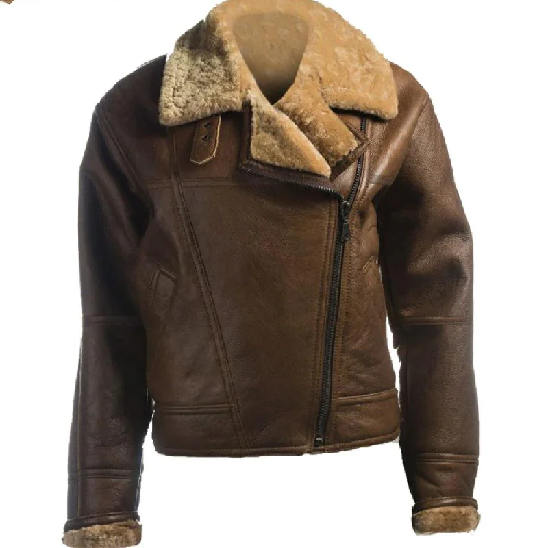 New Women's Brown B3 Shearling Leather Jacket Soft Touch Satin Bomber