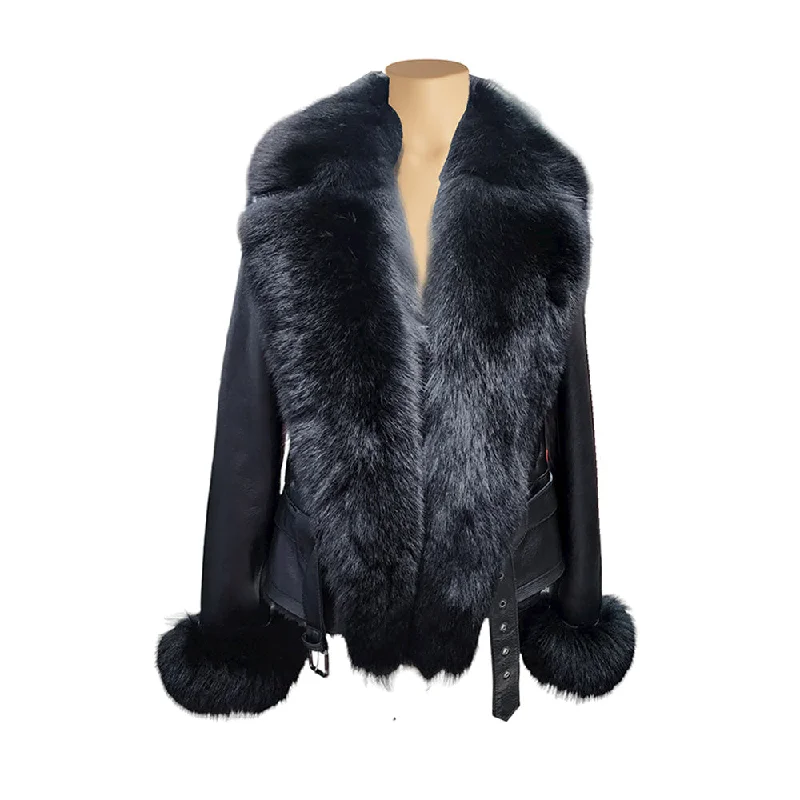 Petra Women's Shearling Coat With Removable Fox Fur Trim Shearling Collar Bomber
