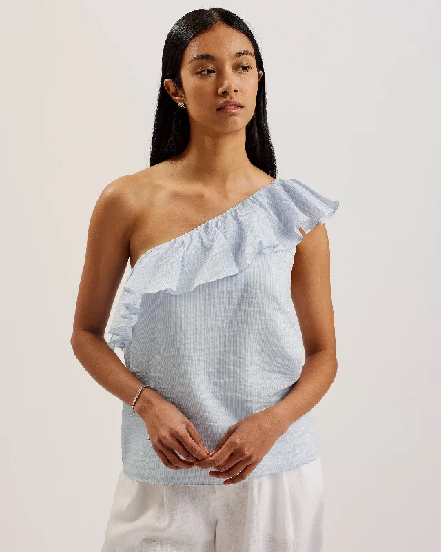 Pienza Pin Stripe Ruffled One Shoulder Top White Lightweight Zip-Up Jumpsuit