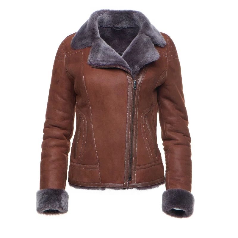 Reyna's Tan Sheepskin Shearling B-3 Bomber Style Jacket Structured Wool Bomber