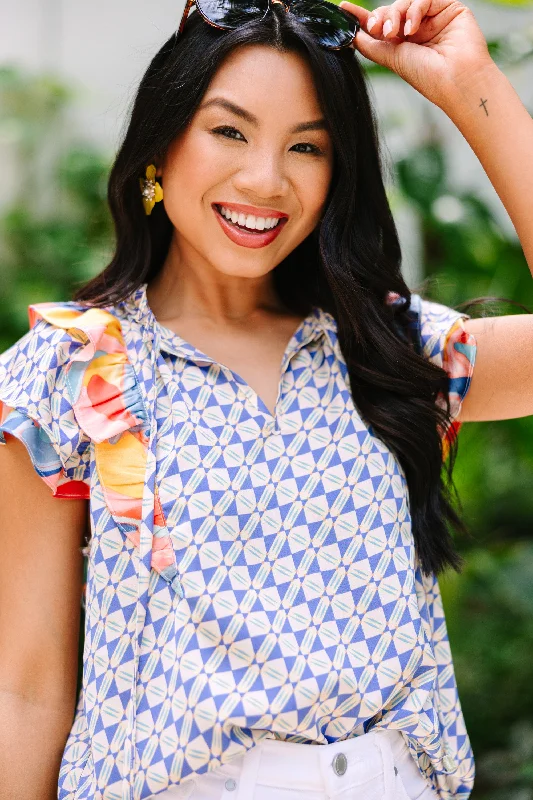 Right Where You Are Blue Mixed Print Blouse Roomy Pocket Jumpsuit