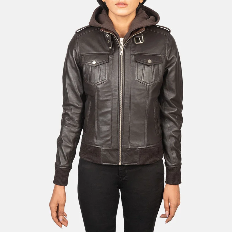 Roslyn Brown Hooded Leather Bomber Jacket Embroidered Jacket Appliqued Jacket Beaded Jacket