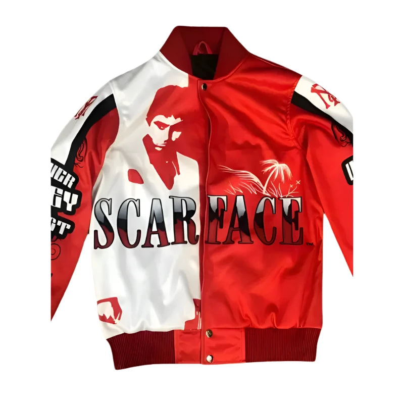 Scarface Satin Orange Satin Varsity Jacket Shearling Collar Bomber