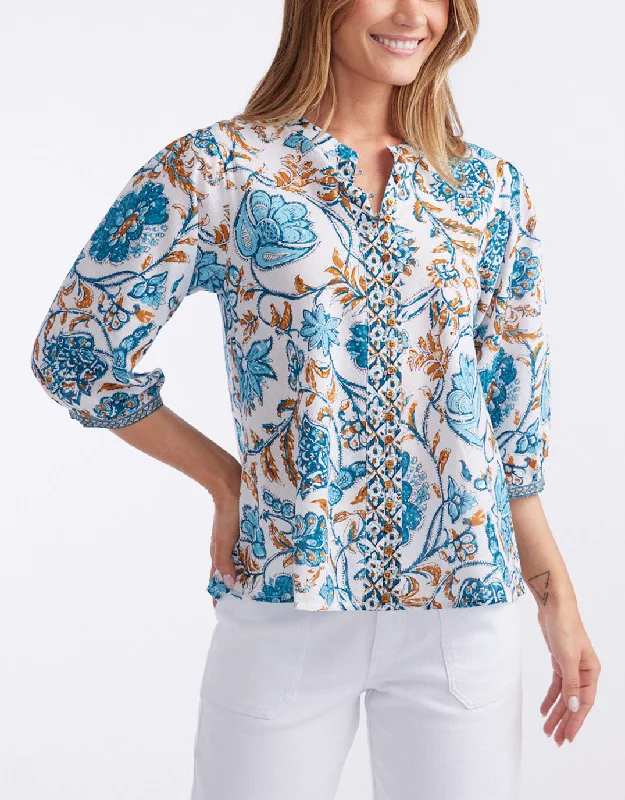 Scarlett Cotton Blouse - Blue/Gold Cropped Denim Overalls