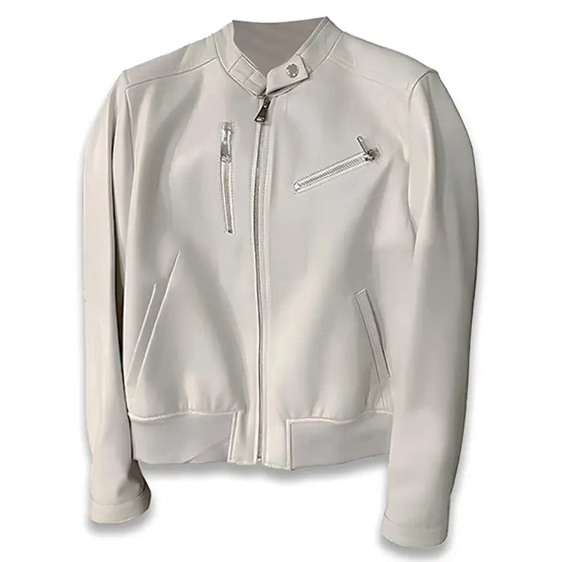 Sheepskin B3 White Leather Jacket Turtleneck Collar Bomber