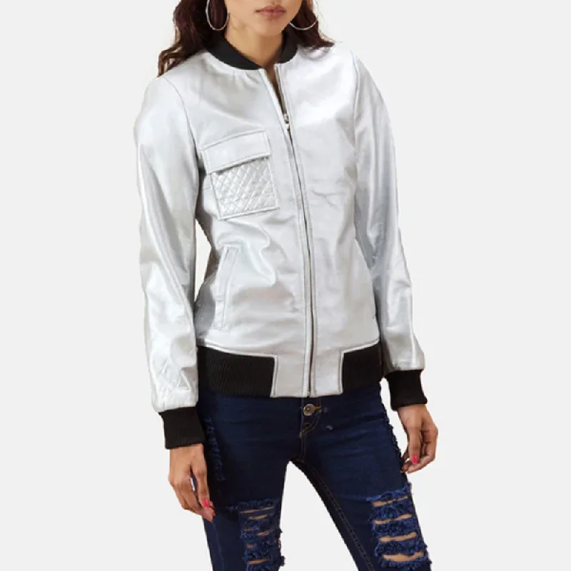New Shepskin Silver Lana A1 Bomber Leather Jacket Sleek Metallic Bomber