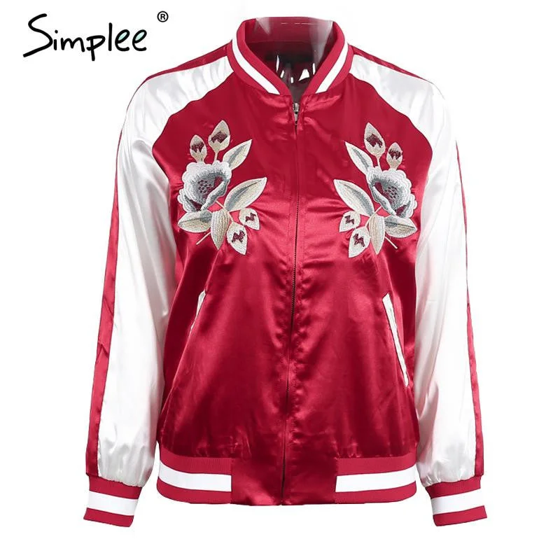 Simplee Satin floral embroidery bomber jacket coat  Autumn Winter 2016 street jacket women Casual basic jackets  sukajan Cozy Knit Bomber