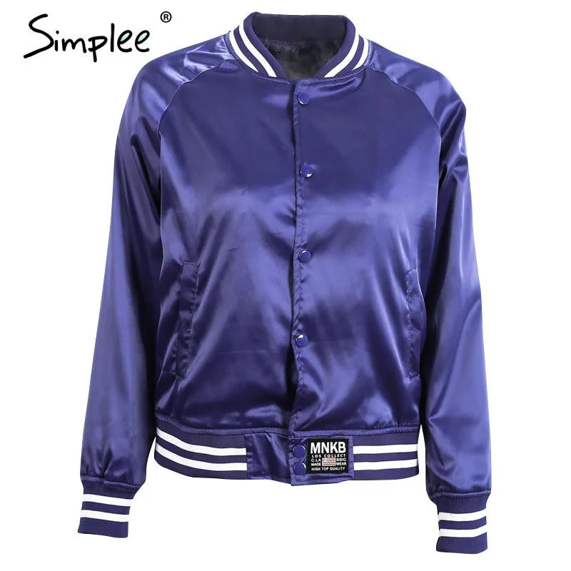Simplee Satin letter print basic jacket coat women tops Autumn winter 2016 casual outwear blue jackets Label bomber jacket veste Printed Satin Bomber
