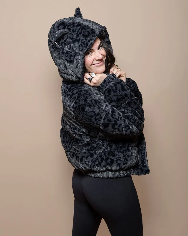 Classic Women's Black Hooded Puffer Jacket | Slate Leopard High-Fashion Luxe Bomber