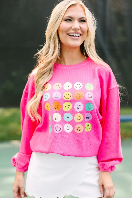 Smile Today Fuchsia Pink Graphic Corded Sweatshirt Feminine Tie-Back Jumpsuit