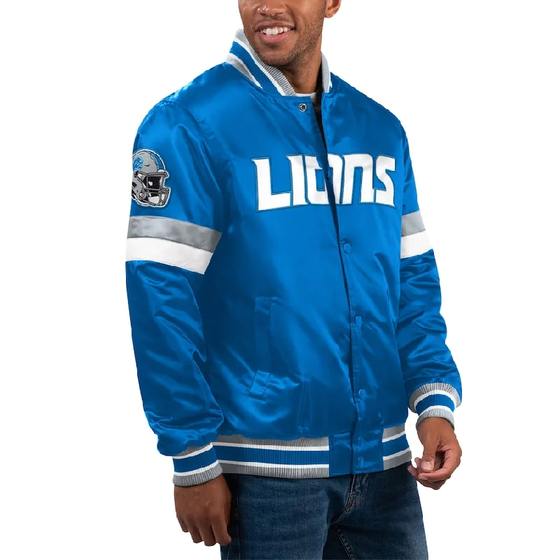 Starter Blue Detroit Lions Varsity Jacket Patchwork Trendy Bomber