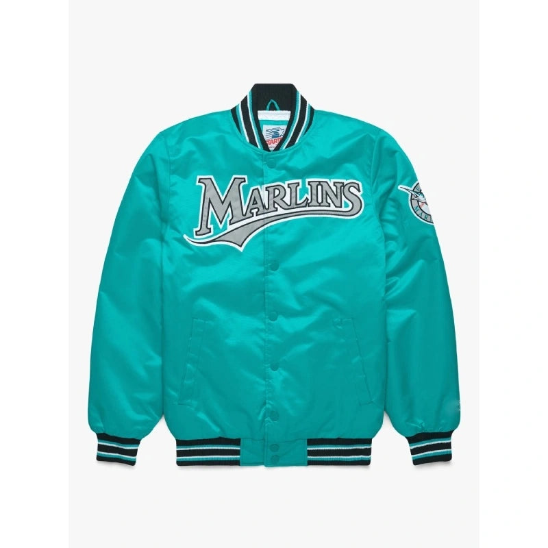 Starter Marlins Satin Green Jacket Vintage Varsity Bomber
