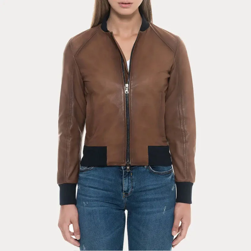 Sugar Brown Lambskin Soft  Leather Bomber Jacket Striped Jacket Polka Dot Jacket Floral Jacket