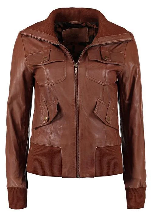 Super Cognac Women Bomber Leather Jackets One-Shoulder Jacket Off-the-Shoulder Jacket Asymmetrical Jacket