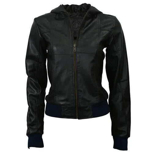 Super Hooded Women Bomber Leather Jackets Zip Front Button Front Snap Front