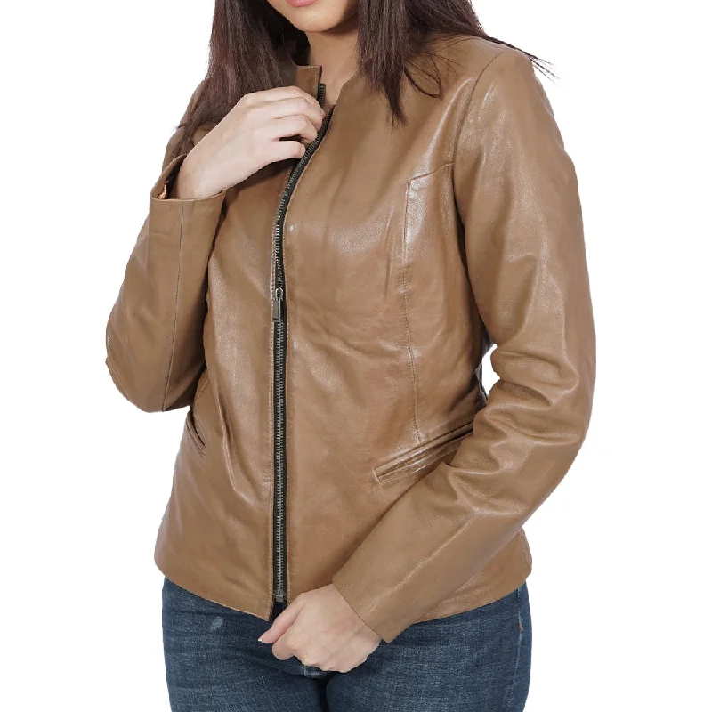 Swag Collarless Brown Leather Jacket Shimmer Sequin Bomber