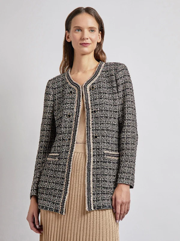 Tailored Fit Contrast Trim Tweed Knit Jacket Tapered Leg Overalls