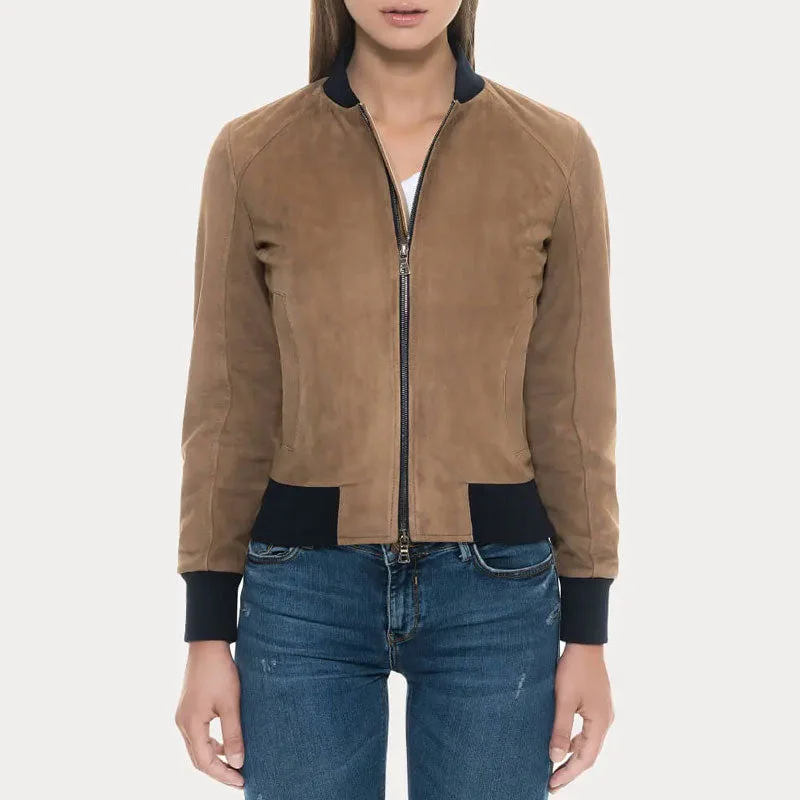 Tan Suede Bomber Jacket with Black Rib Knit Collar & Cuffs Jersey Jacket Tulle Jacket Batik Jacket