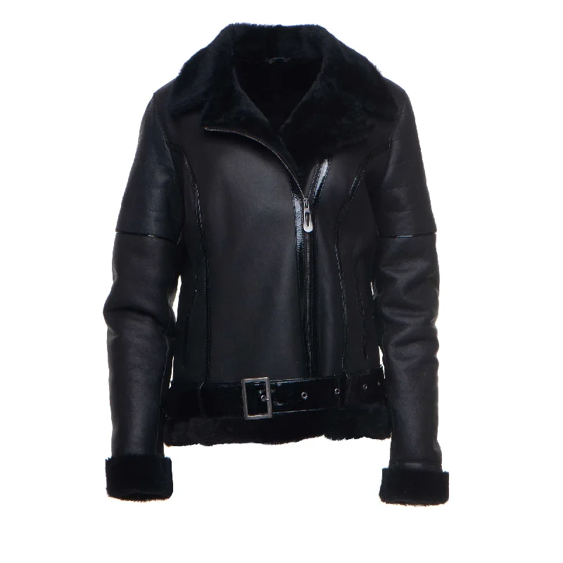 Tasha’s Black Sheepskin Shearling B-3 Bomber Style Jacket Edgy Moto Bomber